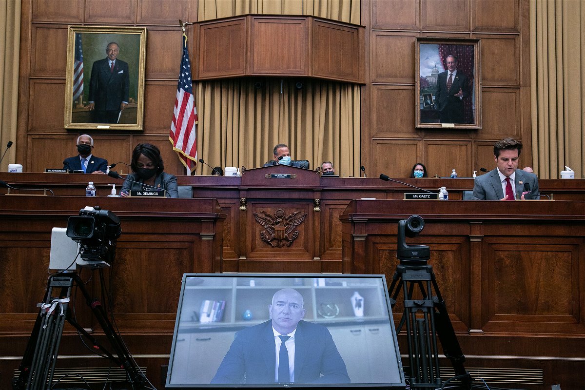 <i>Graeme Jennings/Pool/Getty Images</i><br/>Amazon CEO Jeff Bezos testifies via video conference during the House Judiciary Subcommittee on Antitrust