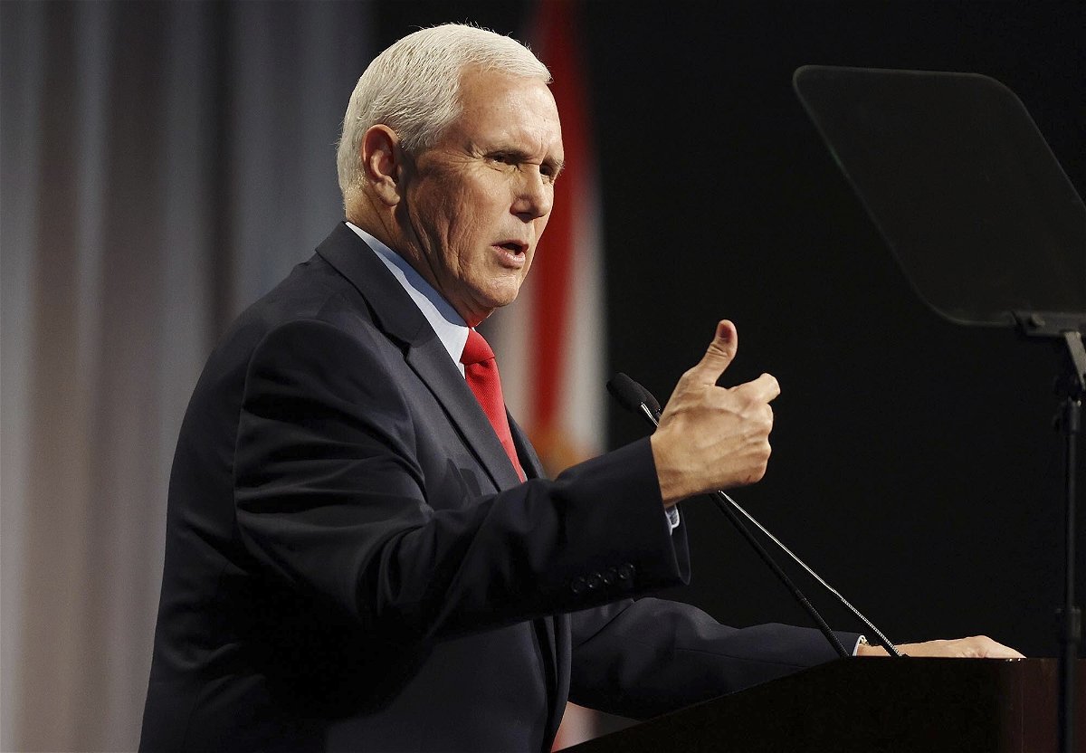 <i>Stephen M. Dowell/AP</i><br/>Former Vice President Mike Pence speaks at the Florida chapter of the Federalist Society's annual meeting at Disney's Yacht Club resort in Walt Disney World on February 4