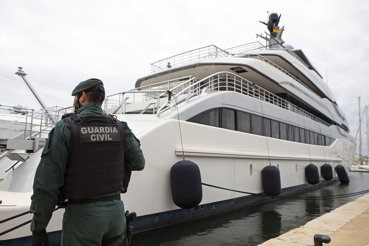 <i>Francisco Ubilla/AP</i><br/>A Civil Guard stands by Russian billionaire Viktor Vekeselberg's yacht in Palma de Mallorca