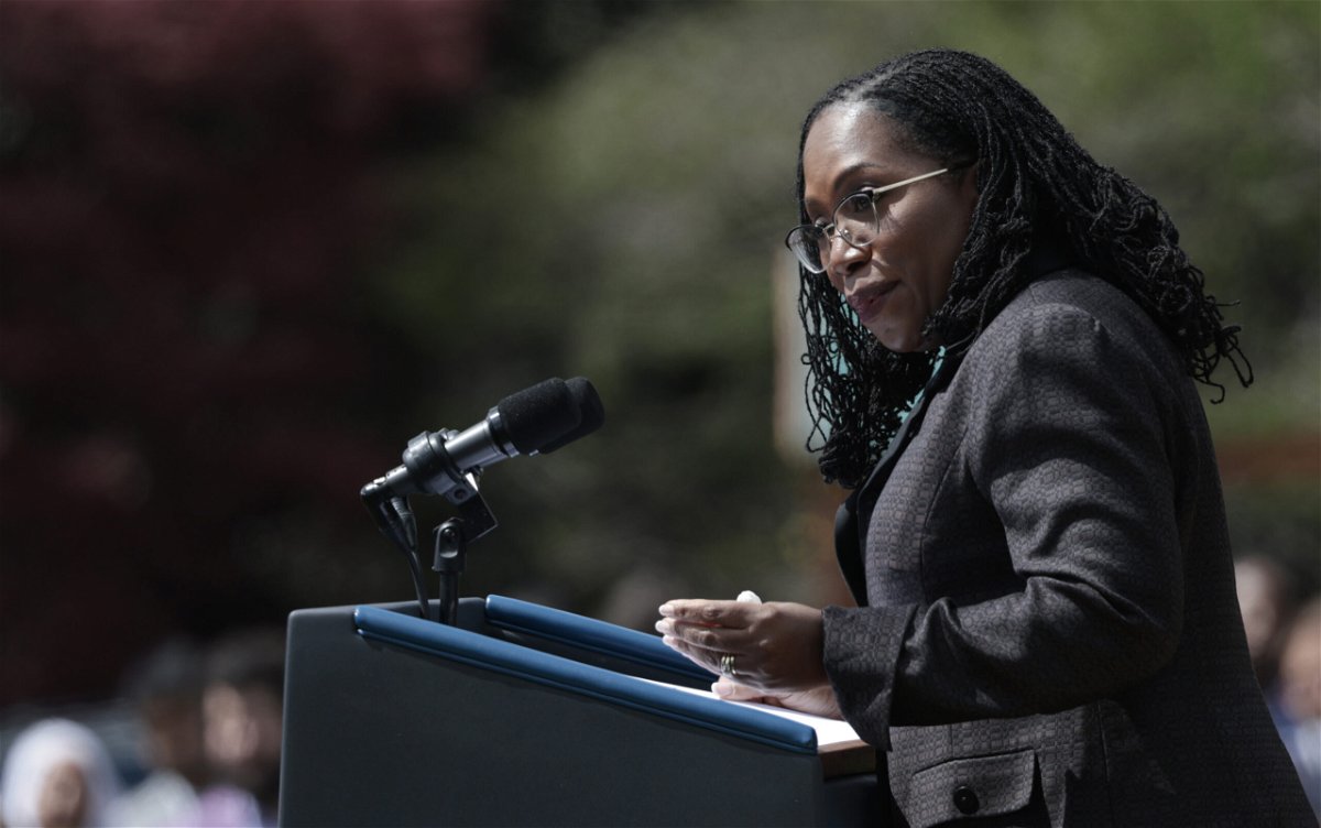 <i>Anna Moneymaker/Getty Images North America/Getty Images</i><br/>Judge Ketanji Brown Jackson speaks at an event U.S. President Joe Biden and Vice President Kamala Harris hosted celebrating Jackson's confirmation to the U.S. Supreme Court on the South Lawn of the White House on April 8 in Washington