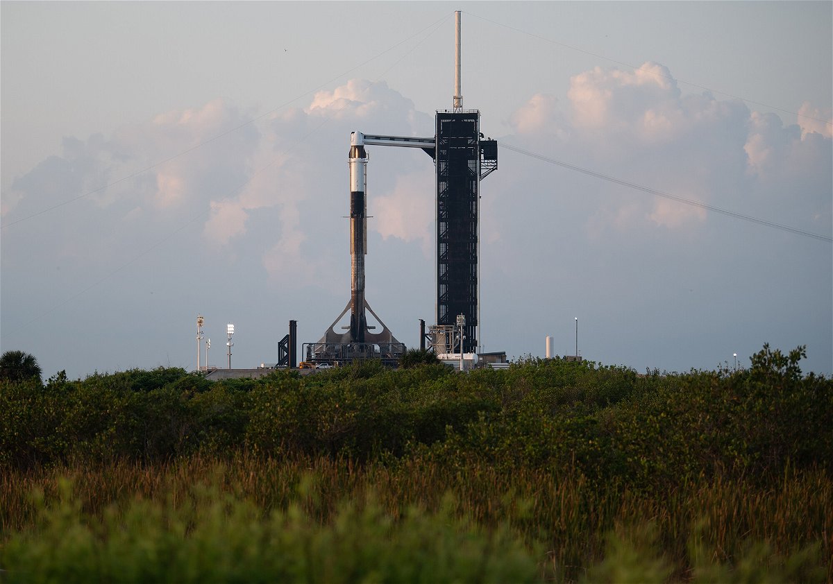 <i>Joel Kowsky/NASA</i><br/>A SpaceX Falcon 9 rocket with the company's Crew Dragon spacecraft is seen at sunrise on the launch pad at Launch Complex 39A as preparations continue for Axiom Mission 1
