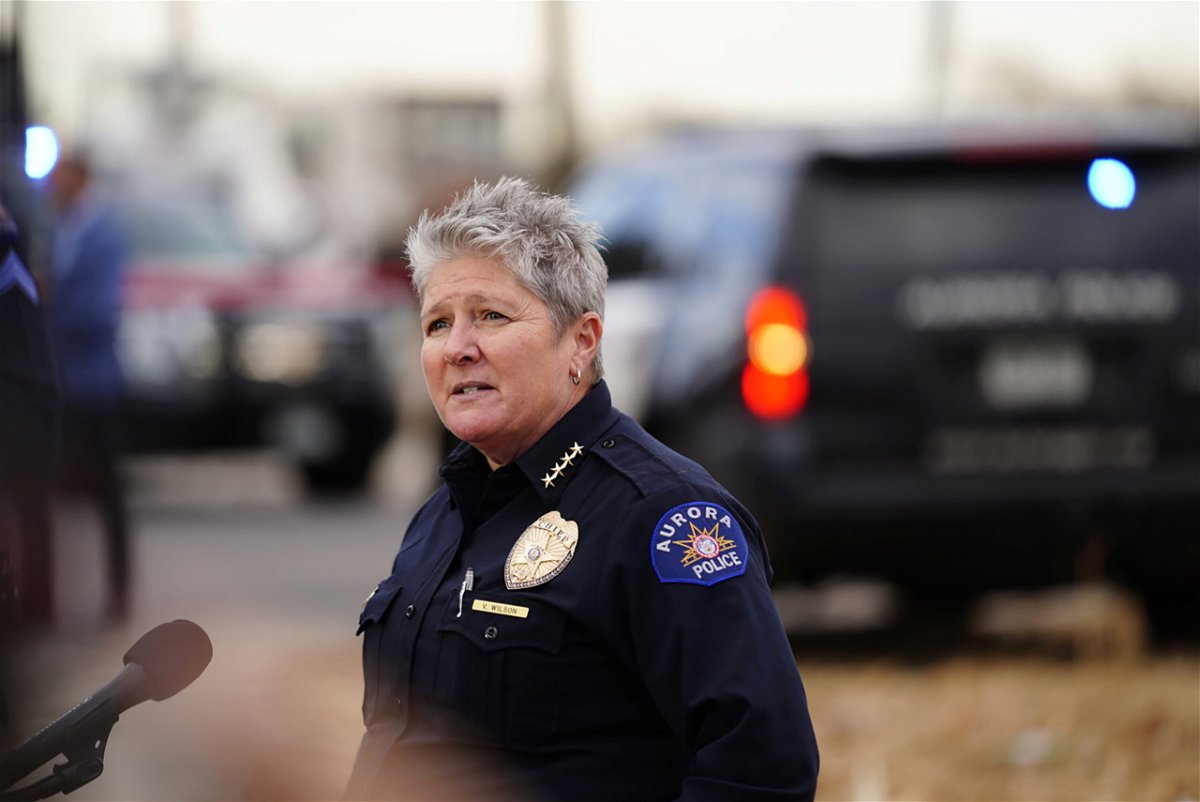 <i>Philip B. Poston/AP</i><br/>Aurora Department Chief Vanessa Wilson speaks to reporters near the scene of a drive-by shooting that left six teenagers injured in November 2021.