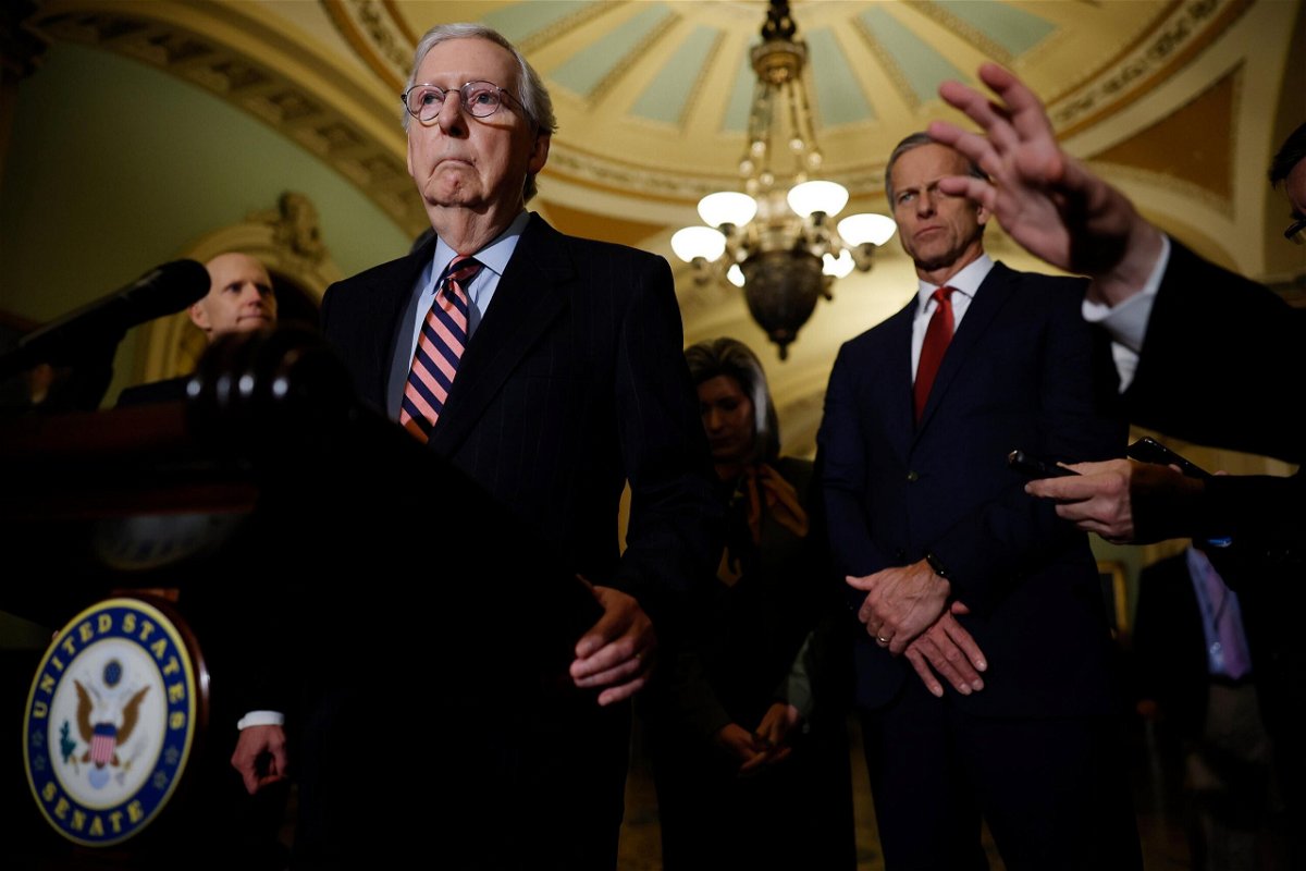 <i>Chip Somodevilla/Getty Images</i><br/>Senate Minority Leader Mitch McConnell indicated the Covid relief package will need to include an amendment vote related to Title 42.