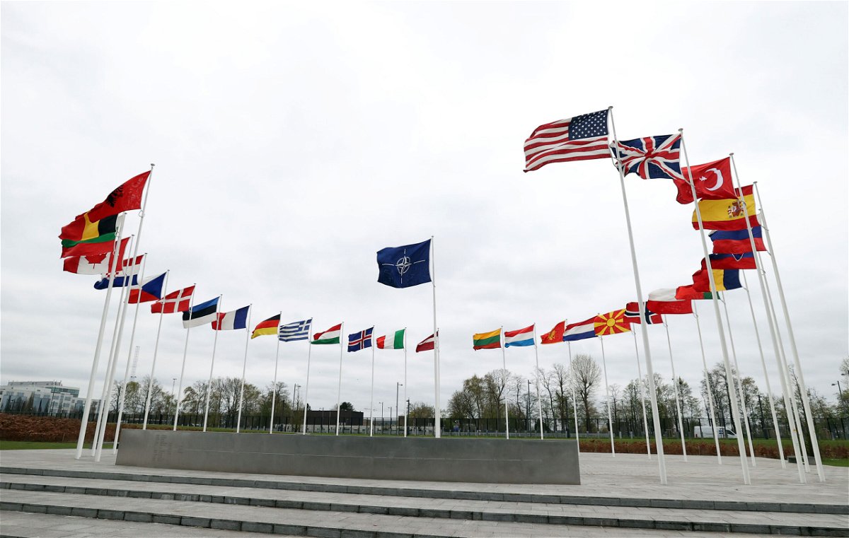 <i>Dursun Aydemir/Anadolu Agency/Getty Images</i><br/>The flags of NATO member countries are seen ahead of NATO foreign ministers meeting at NATO Headquarters in Brussels
