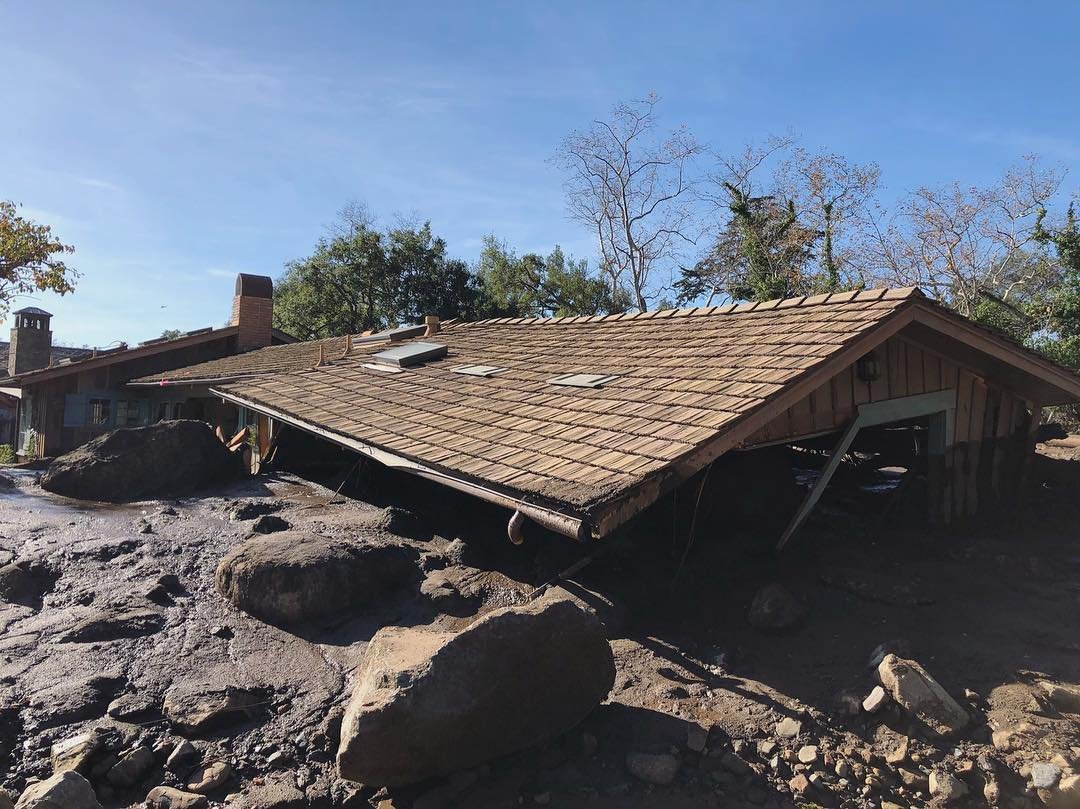 The debris flow of Jan. 9, 2018 killed 23 people and damaged or destroyed 500 structures in Montecito. According to a new study based on the historical record, it was one of five massive debris flows or debris-laden floods that permanently altered the topography of the community in the past 200 years. Photo by Mike Eliason, Santa Barbara County Fire.
