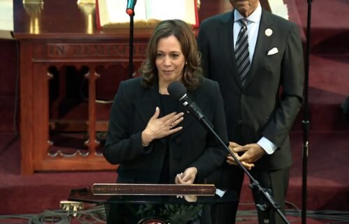 Vice President Kamala Harris speaks at the funeral service for Ruth Whitfield in Buffalo