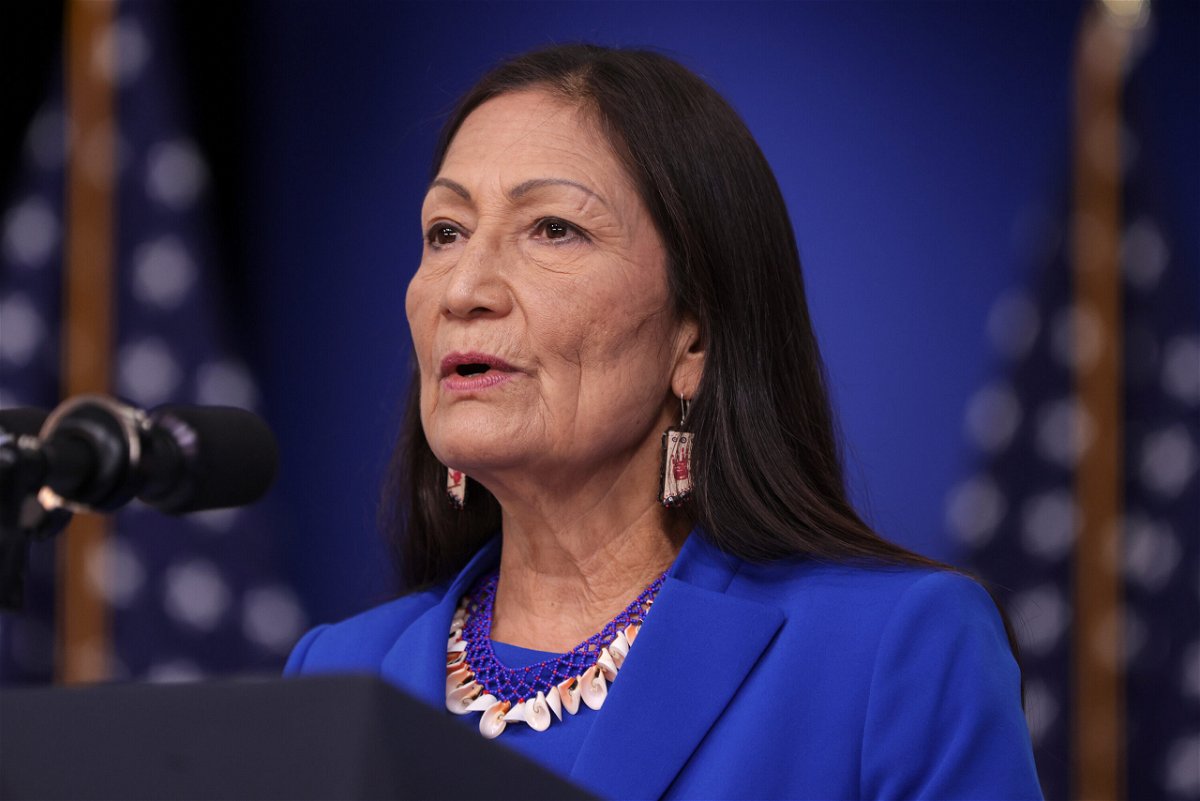 <i>Alex Wong/Getty Images</i><br/>U.S. Interior Secretary Deb Haaland delivers remarks at the 2021 Tribal Nations Summit