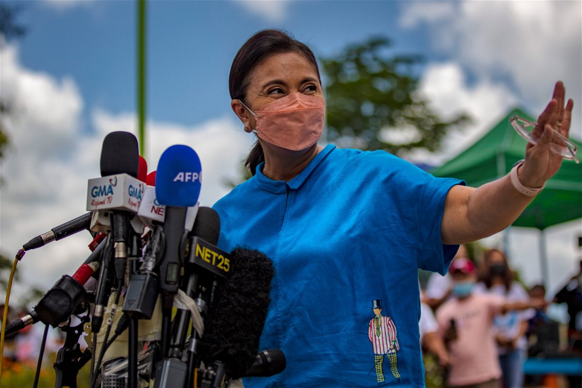 <i>Ezra Acayan/Getty Images</i><br/>Vice President Leni Robredo speaks to the media after casting her vote at a school converted into a polling precinct on May 9