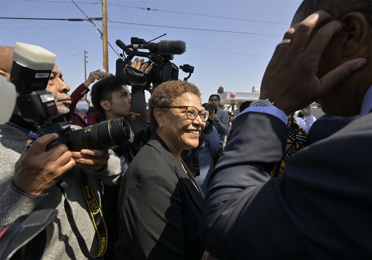 <i>Jeff Gritchen/Orange County Register/AP</i><br/>Karen Bass arrives at a press conference recognizing the 30th anniversary of the L.A. Riots at the corner of Florence Avenue and Normandie Avenue in Los Angeles