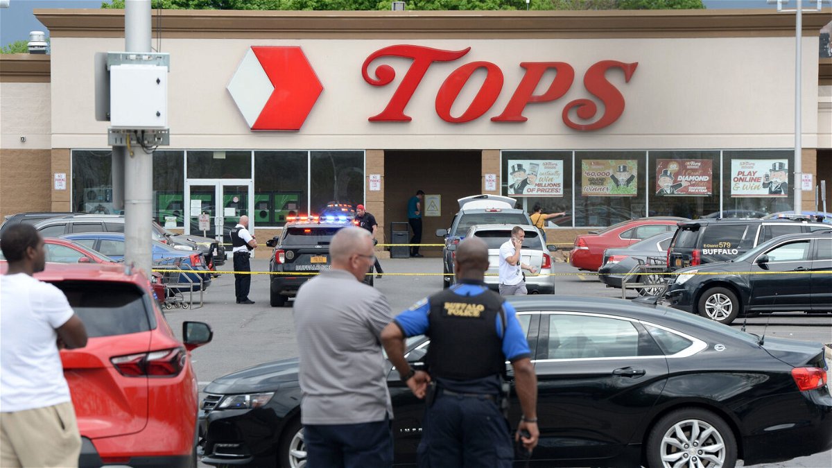 <i>John Normile/Getty Images</i><br/>Buffalo Police on scene at a Tops Friendly Market on May 14 in Buffalo