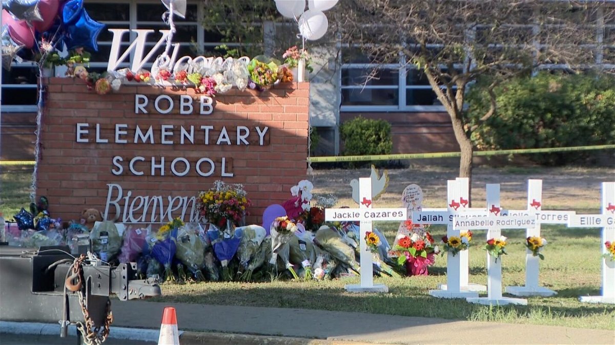 <i>CNN</i><br/>A memorial displaying the names of the 19 children and 2 teachers killed at Robb Elementary school in Uvalde