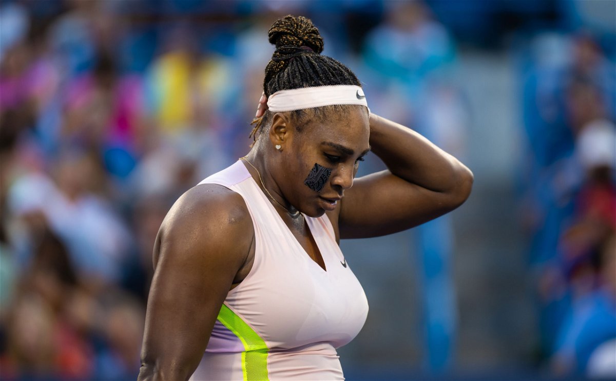<i>Robert Prange/Getty Images</i><br/>Serena Williams reacts while playing against Emma Raducanu of Great Britain in her first round match on Day 4 of the Western & Southern Open on August 16 in Mason