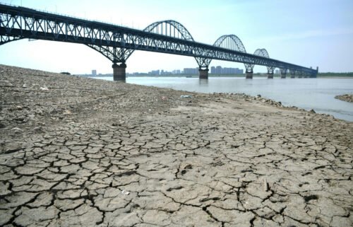 A section of a parched river bed is seen along the Yangtze River in Jiujiang in China's central Jiangxi province on August 19
