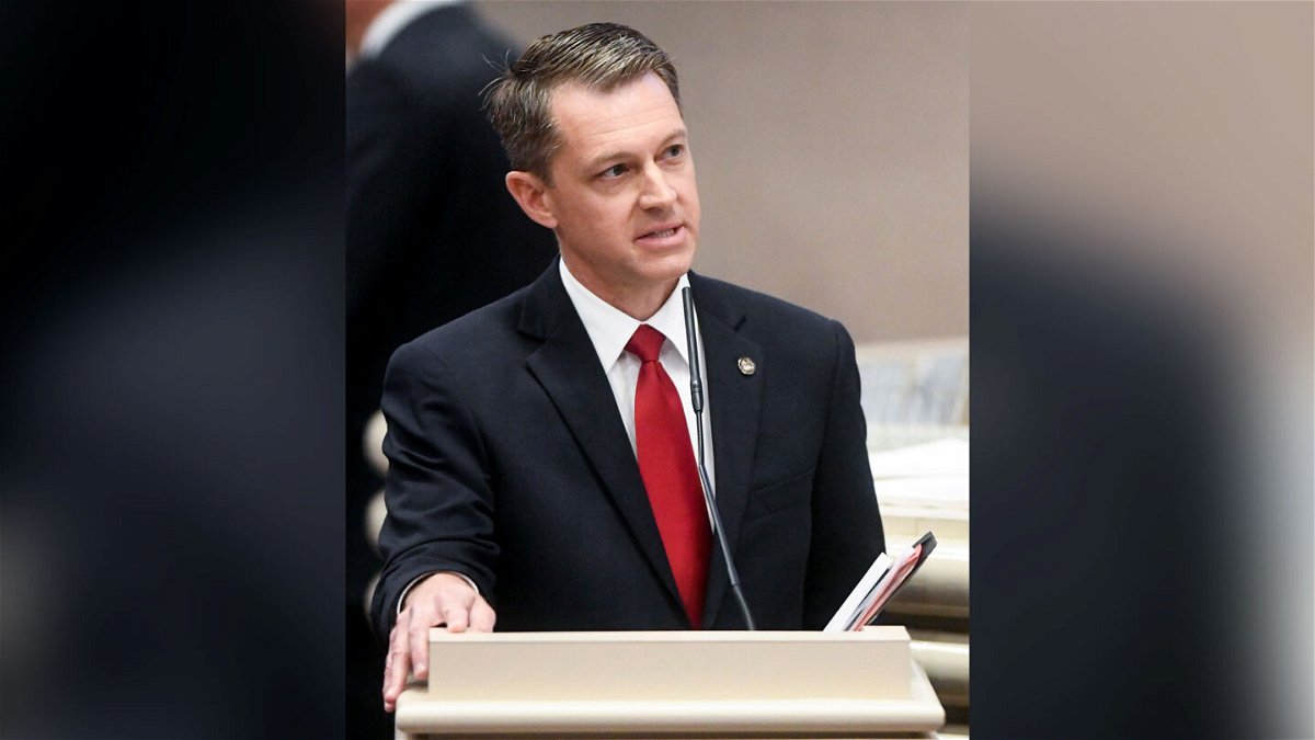<i>Mickey Welsh/AP</i><br/>Rep. Wes Allen speaks during debate on transgender bills during the legislative session in the house chamber at the Alabama Statehouse in Montgomery on April 7.