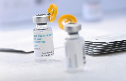 Vials of the JYNNEOS Monkeypox vaccine are prepared at a pop-up vaccination clinic in Los Angeles