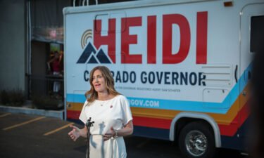 Colorado Republican gubernatorial candidate Heidi Ganahl addresses the media after a watch party at the Wide Open Saloon on June 28 in Sedalia