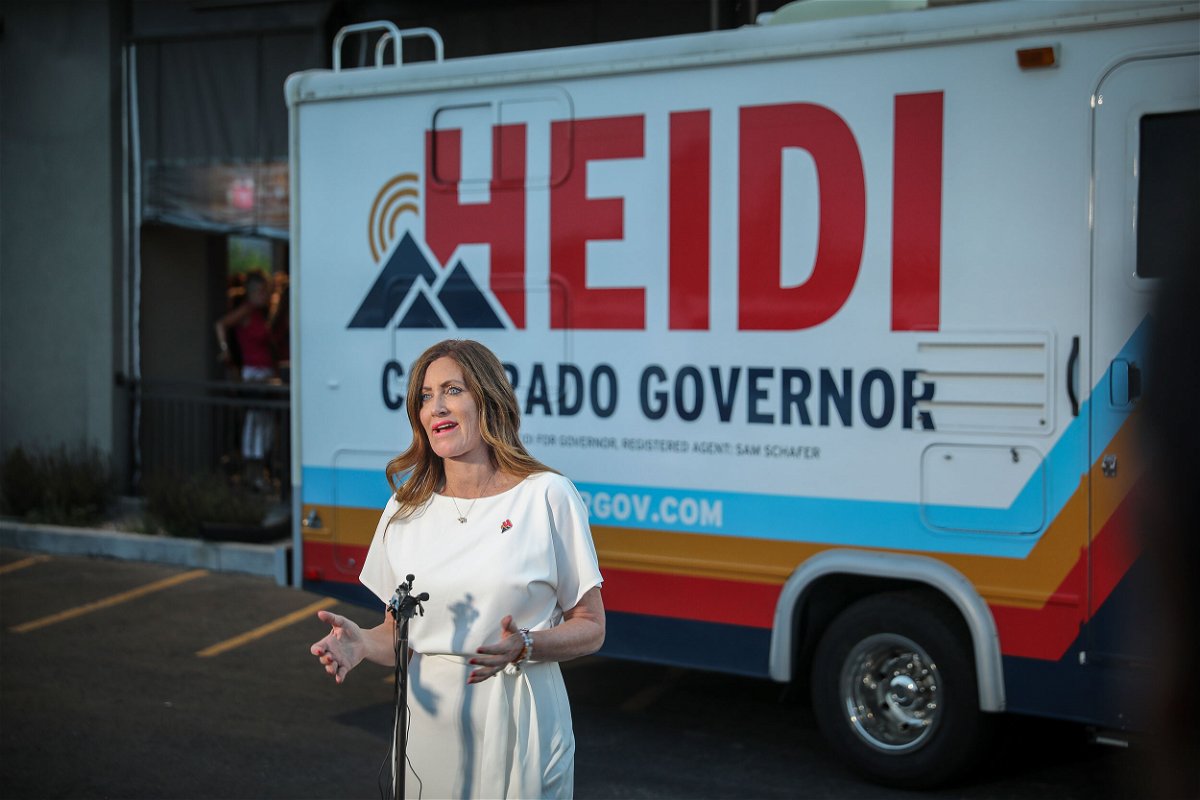 <i>Marc Piscotty/Getty Images</i><br/>Colorado Republican gubernatorial candidate Heidi Ganahl addresses the media after a watch party at the Wide Open Saloon on June 28 in Sedalia