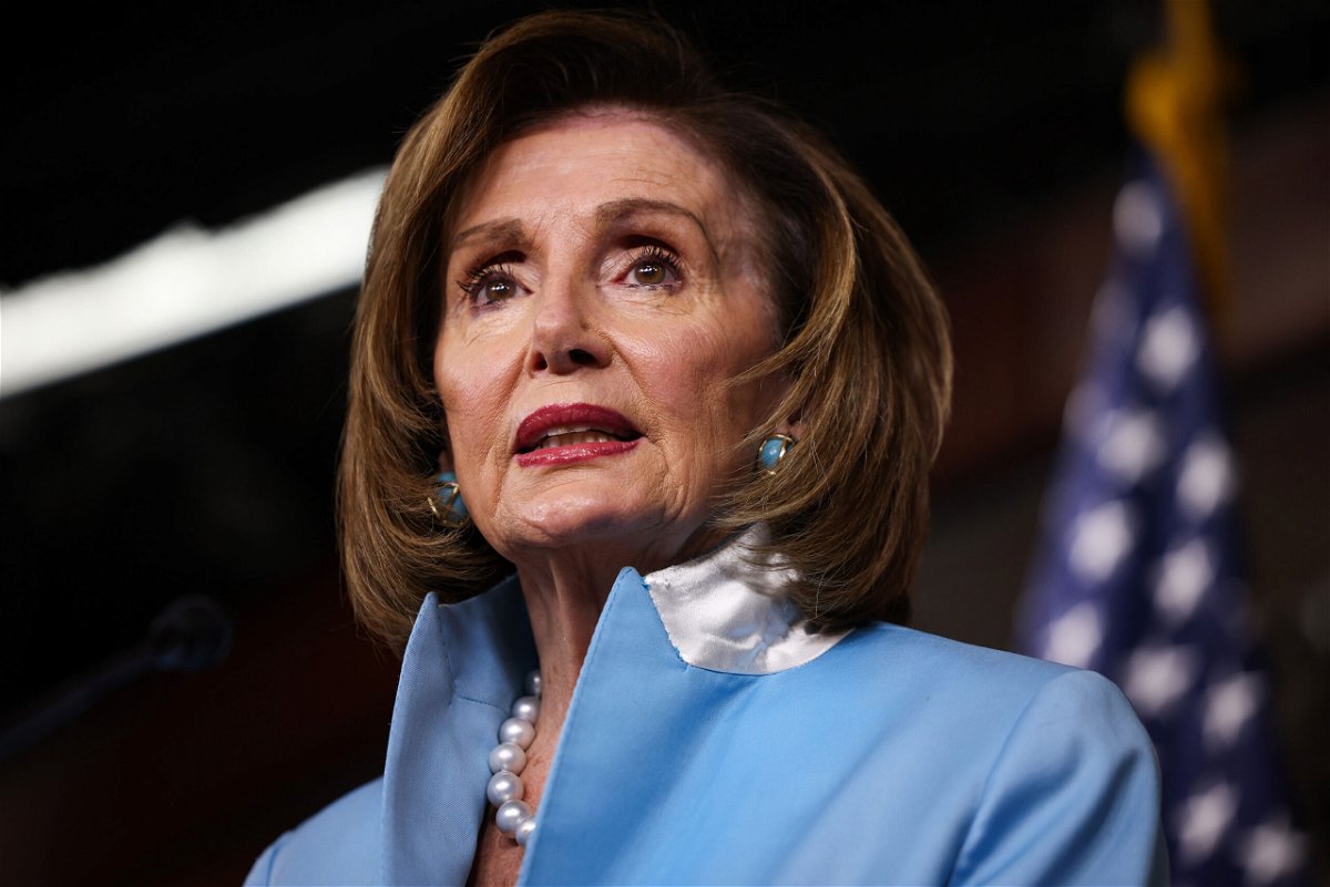 <i>Anna Moneymaker/Getty Images</i><br/>House Speaker Nancy Pelosi is seen at her weekly presser at the Capitol building in August 2021 in Washington. The House is set to vote on August 12 to pass the Democrats' health care and climate bill.