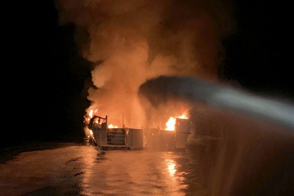 FILE - In this photo provided by the Ventura County Fire Department, VCFD firefighters respond to a fire aboard the Conception dive boat fire in the Santa Barbara Channel off the coast of Southern California on Sept. 2, 2019. On Friday, Sept. 2, 2022, a federal judge has thrown out an indictment charging a boat captain with manslaughter in the deaths of 34 scuba divers three years ago off the California coast  (Ventura County Fire Department via AP, File)