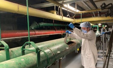 Queens College Research Assistant Justin Silbiger collects a wastewater sample from a sewage pipe in the basement of NYC Health + Hospitals/Elmhurst.
