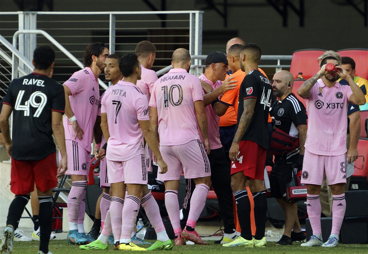 <i>Tony Quinn/Icon Sportswire/Getty Images</i><br/>Inter Miami players threaten to walk off the field after an alleged racial slur by DC United's Fountas. The Greek forward has since denied using any such language.