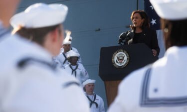 Vice President Kamala Harris on September 28 accused China of "undermining key elements of the international rules-based order" and called its behavior "disturbing." Harris is seen here at Yokosuka Naval Base