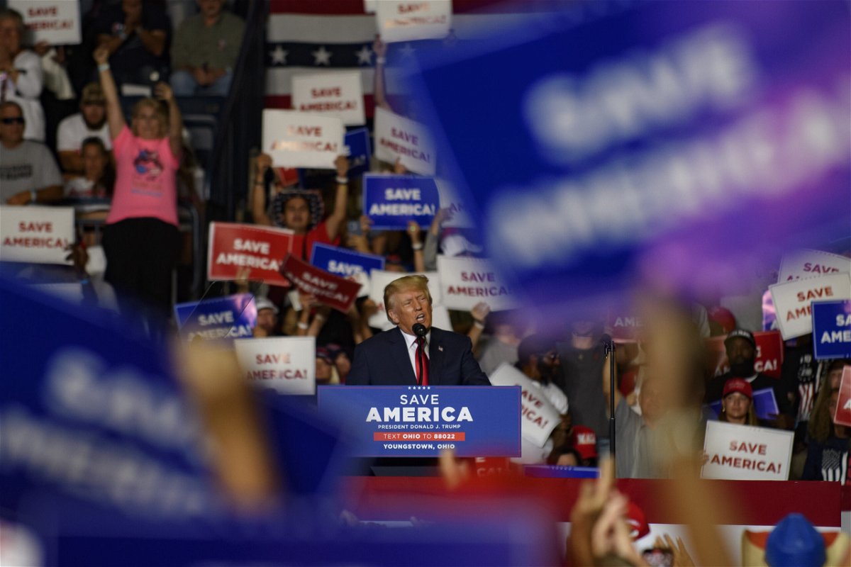 <i>Jeff Swensen/Getty Images</i><br/>Former President Donald Trump speaks at a Save America Rally to support Republican candidates running for state and federal offices in the state at the Covelli Centre on September 17 in Youngstown