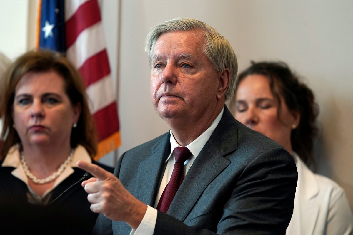 <i>Mariam Zuhaib/AP</i><br/>Sen. Lindsey Graham discusses his abortion proposal during a news conference on Tuesday in Washington.