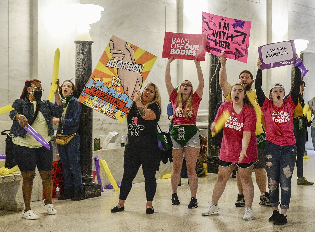 <i>Chris Dorst/Charleston Gazette-Mail/AP</i><br/>West Virginia Gov. Jim Justice announced on September 16 that he had signed a bill into law that prohibits nearly all abortions. Abortion rights supporters are pictured here outside the Senate chamber at the West Virginia state Capitol on September 13.