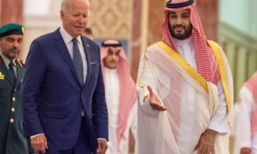 Saudi Crown Prince Mohammed bin Salman receives U.S. President Joe Biden at Al Salman Palace upon his arrival in Jeddah