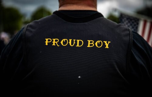 A man wears a Proud Boy vest at Delta Park in Portland