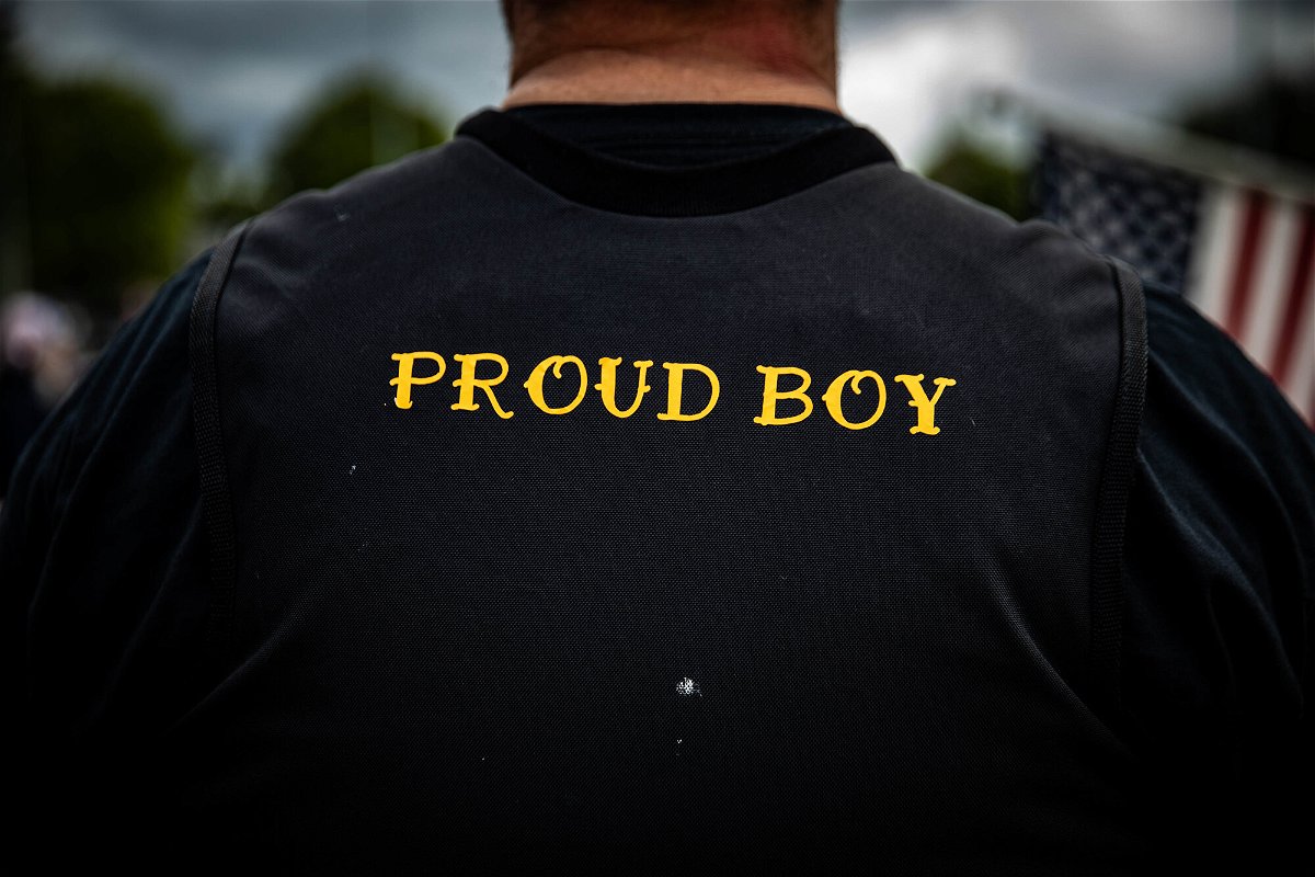 <i>Maranie R. Staab/AFP/Getty Images</i><br/>A man wears a Proud Boy vest at Delta Park in Portland