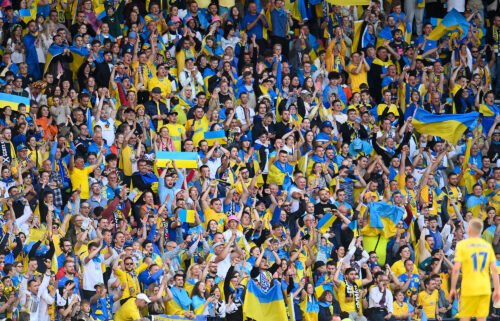 Ukraine has joined Spain and Portugal's bid to host the 2030 World Cup. The Ukrainian crowd is pictured here during the FIFA World Cup 2022 Qualifier playoff semifinal match at Hampden Park