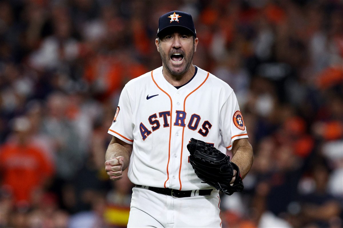 <i>Tom Pennington/Getty Images</i><br/>Justin Verlander celebrates during the Houston Astros' Game 1 win against the New York Yankees.
