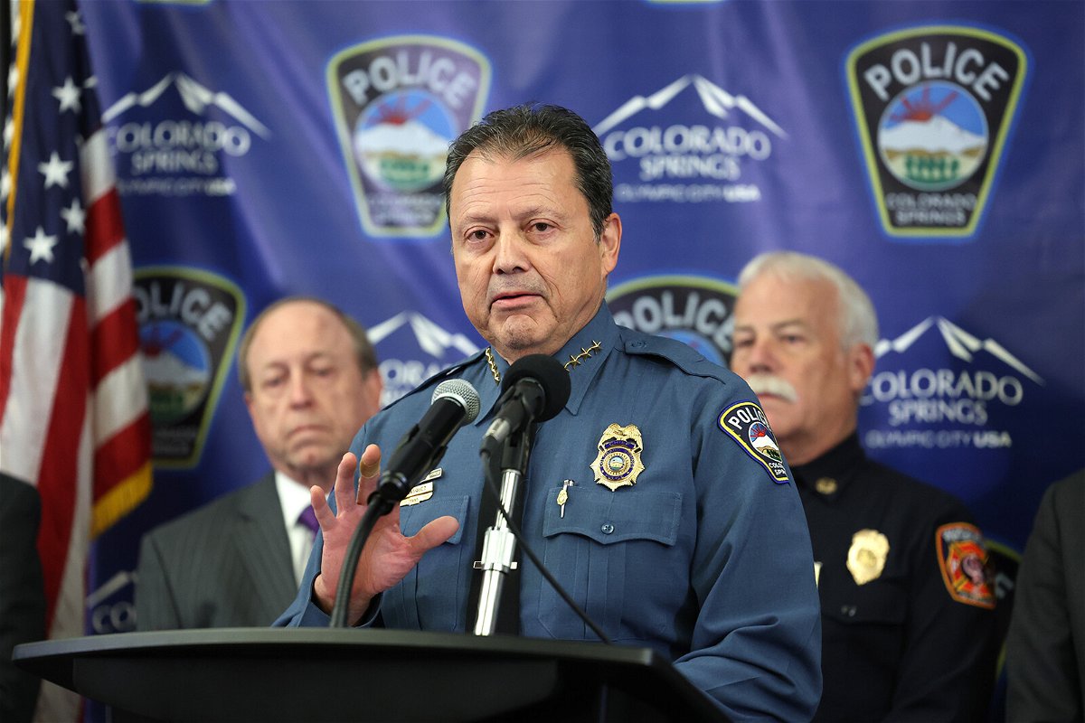 <i>Scott Olson/Getty Images</i><br/>Police Chief Adrian Vasquez gives an update about the Club Q shooting investigation Monday at the Police Operations Center in Colorado Springs