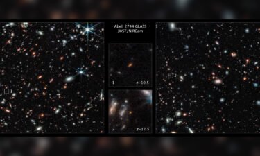 Two distant galaxies were observed by the James Webb Space Telescope. The galaxy labeled No. 1 existed only 450 million years after the big bang. The galaxy labeled No. 2 existed 350 million years after the big bang.
