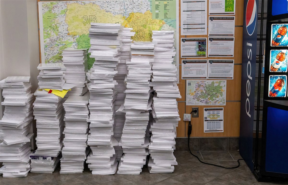 <i>Aimee Dilger/SOPA Images/LightRocket/Getty Images</i><br/>Stacks of ballot paper are seen at the Luzerne County Bureau of Elections in Wilkes-Barre