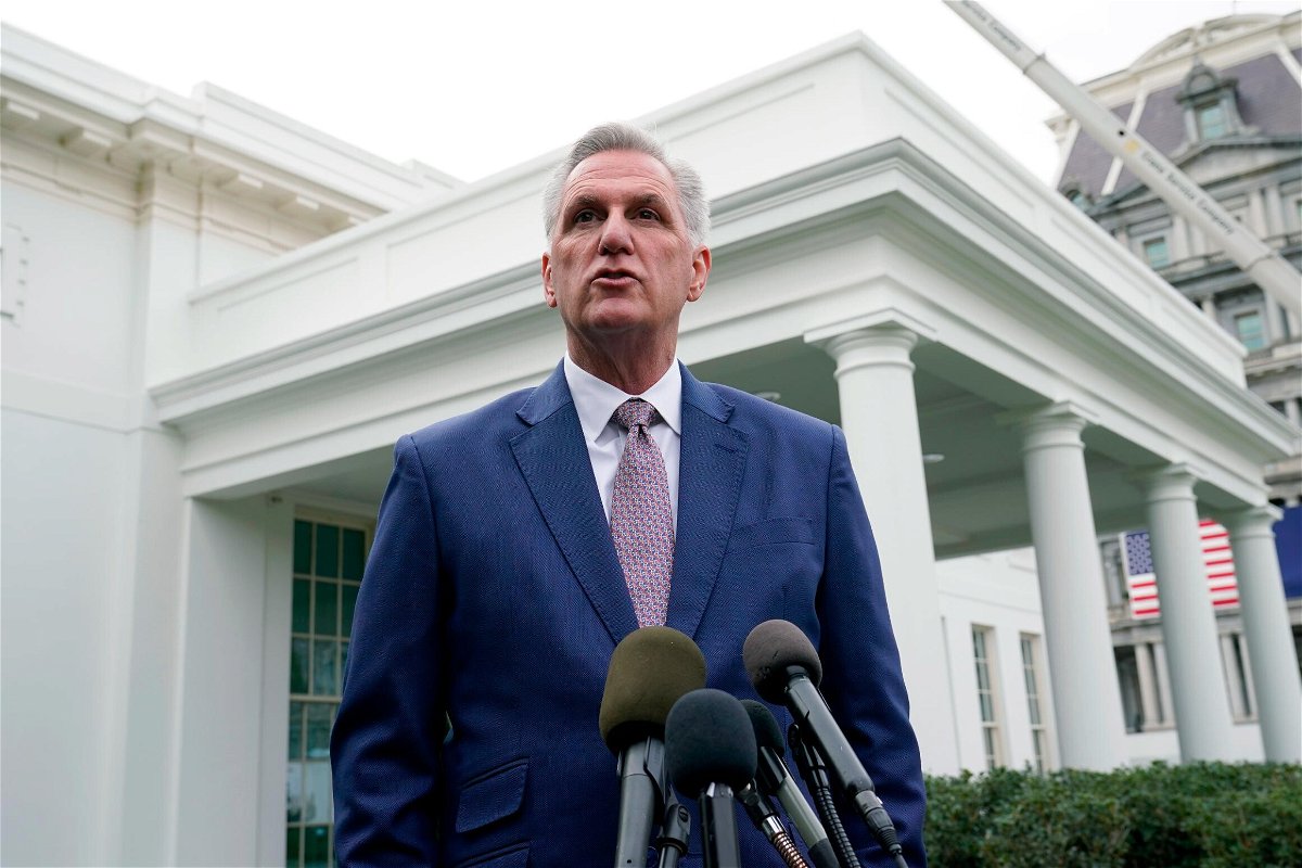 House Minority Leader Kevin McCarthy of California speaks with reporters at the White House in Washington