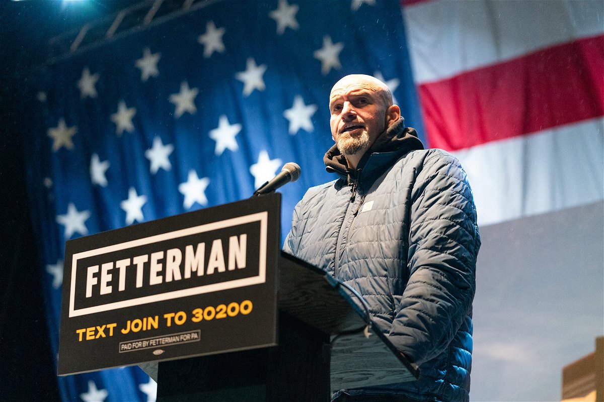 <i>Branden Eastwood/AFP/Getty Images</i><br/>Pennsylvania Lieutenant Governor and Democratic candidate for US Senator John Fetterman speaks to supporters at a 
