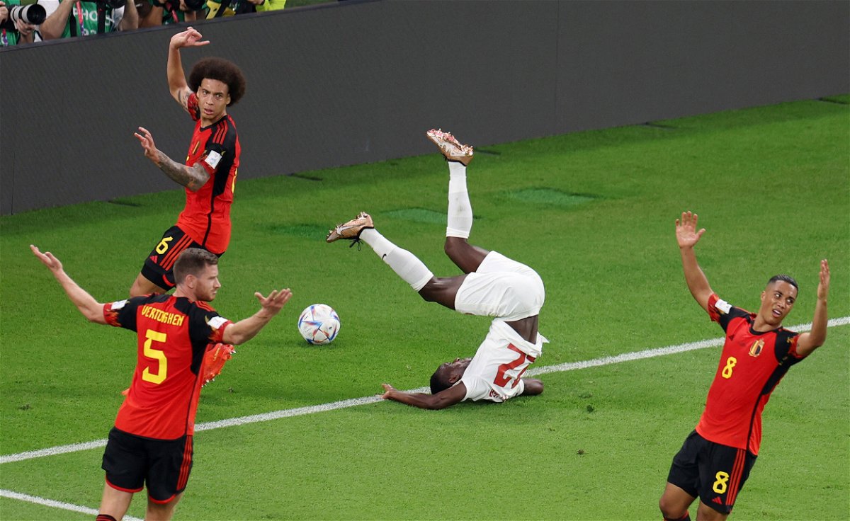 <i>Molly Darlington/Reuters</i><br/>Canada's Richie Laryea in action after sustaining an injury as Belgium players react.