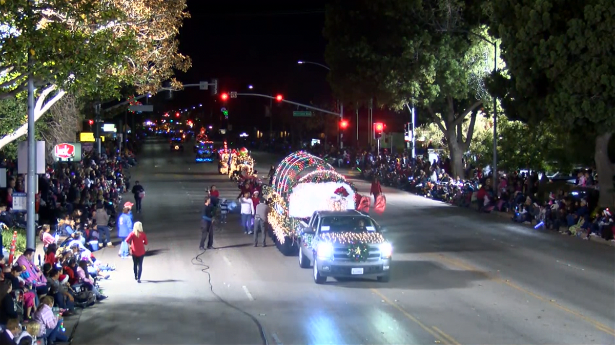 A float travels down Broadway during the Santa Maria Parade of Lights in this undated file image. (KEYT)