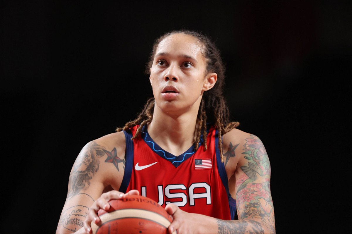 <i>Gregory Shamus/Getty Images/FILE</i><br/>Brittney Griner prepares to shoot a free throw against Nigeria during the Women's Preliminary Round at the Tokyo 2020 Olympic Games.