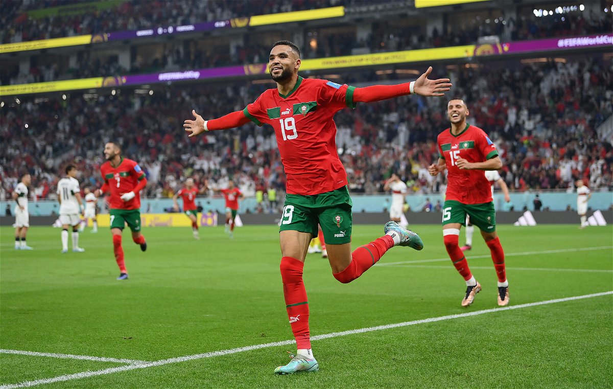 <i>Justin Setterfield/Getty Images</i><br/>Youssef En-Nesyri celebrates after scoring his team's goal.
