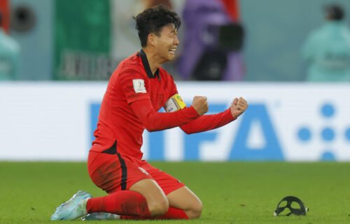 Son Heung-min celebrates victory over Portugal.