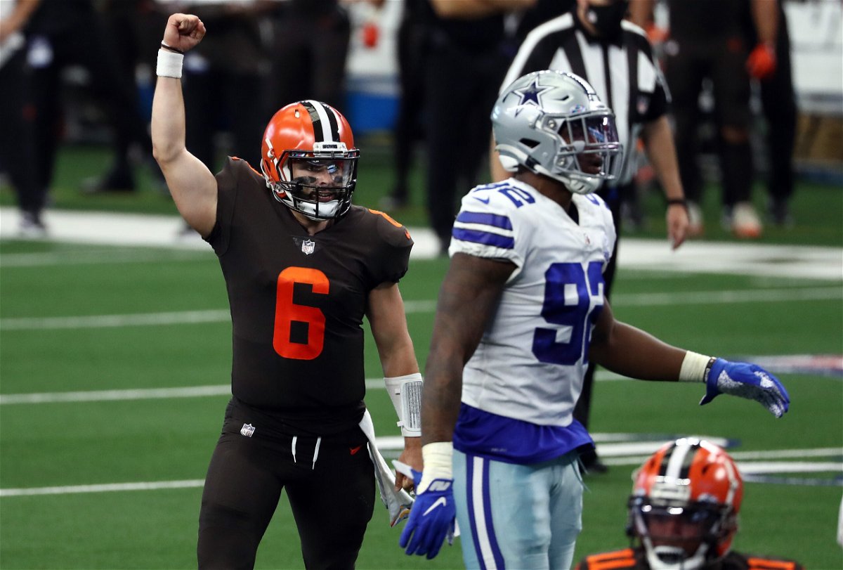 <i>Ronald Martinez/Getty Images</i><br/>Mayfield celebrates a Cleveland Browns touchdown against the Dallas Cowboys in the second quarter on October 4