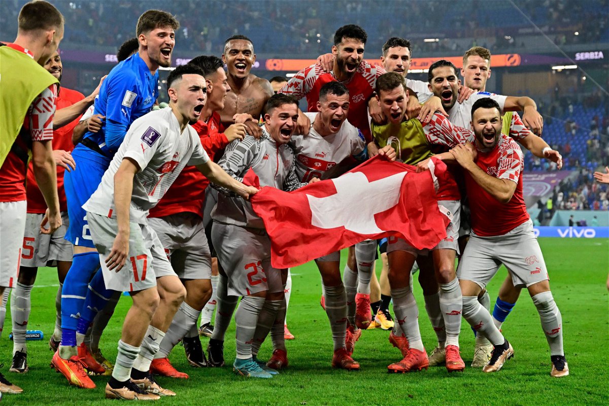 <i>Javier Soriano/AFP/Getty Images</i><br/>Switzerland celebrates defeating Serbia 3-2 and qualifying for the knockout stages.