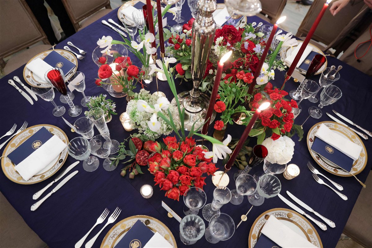 <i>Oliver Contreras/AFP/Getty Images</i><br/>A table is set during a media preview ahead of the State Dinner in honor of French President Emmanuel Macron