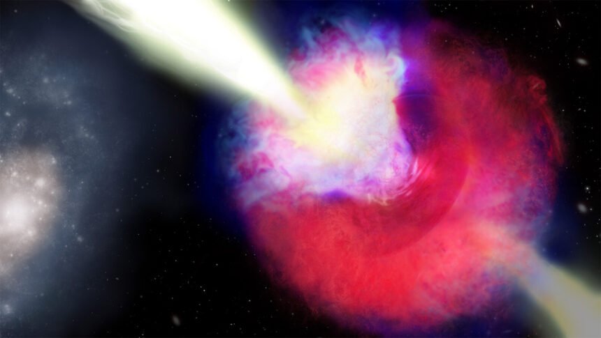 <i>Aaron M. Geller/Northwestern</i><br/>An artist's illustration of GRB 211211A shows the kilonova and gamma-ray burst (right) and ejected material from the explosion (left).