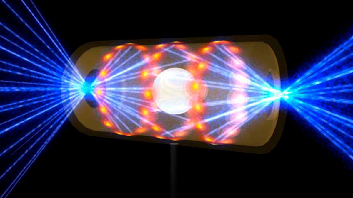 <i>Lawrence Livermore National Laboratory via AP</i><br/>This illustration depicts a target pellet inside a hohlraum capsule with laser beams entering through openings on either end. The beams compress and heat the target to the necessary conditions for nuclear fusion to occur.