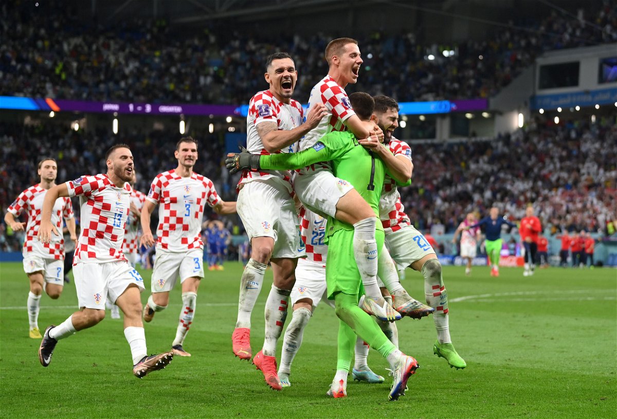 <i>Dan Mullan/Getty Images</i><br/>Croatia players celebrate after winning the penalty shoot out against Japan.